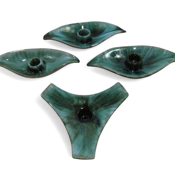BMP Blue Mountain Pottery Candle Holders Leaf Shape and Triangle Canada Vintage - Picture 4 of 8